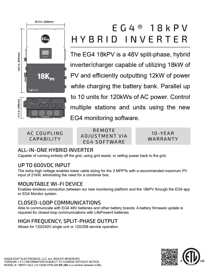 EG4 18kPV Hybrid Inverter (1511104)