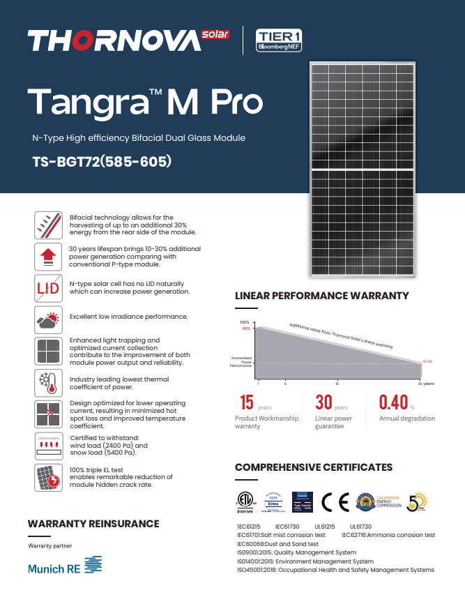 Thornova 585W commerical module panel spec sheet