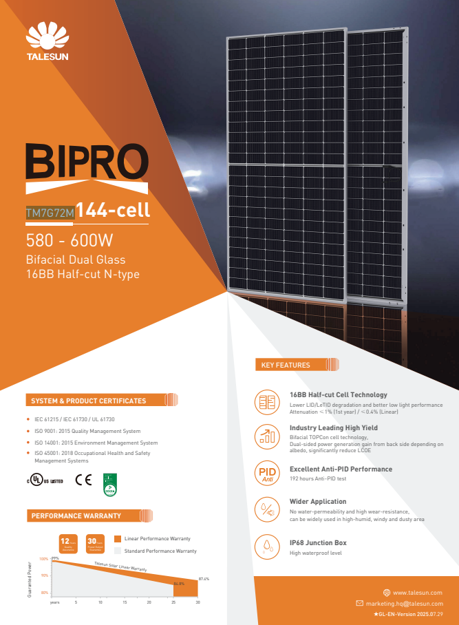 Talesun 590W Commercial Solar Panel spec sheet