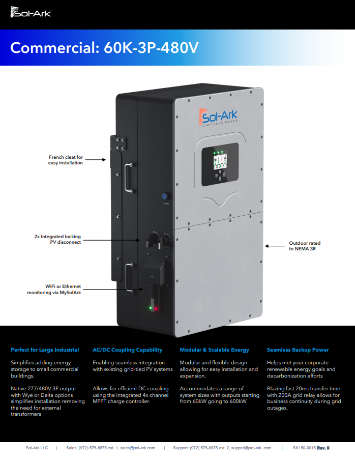 Sol-Ark 60K-3P-480V Commercial Hybrid Inverter datasheet spec sheet