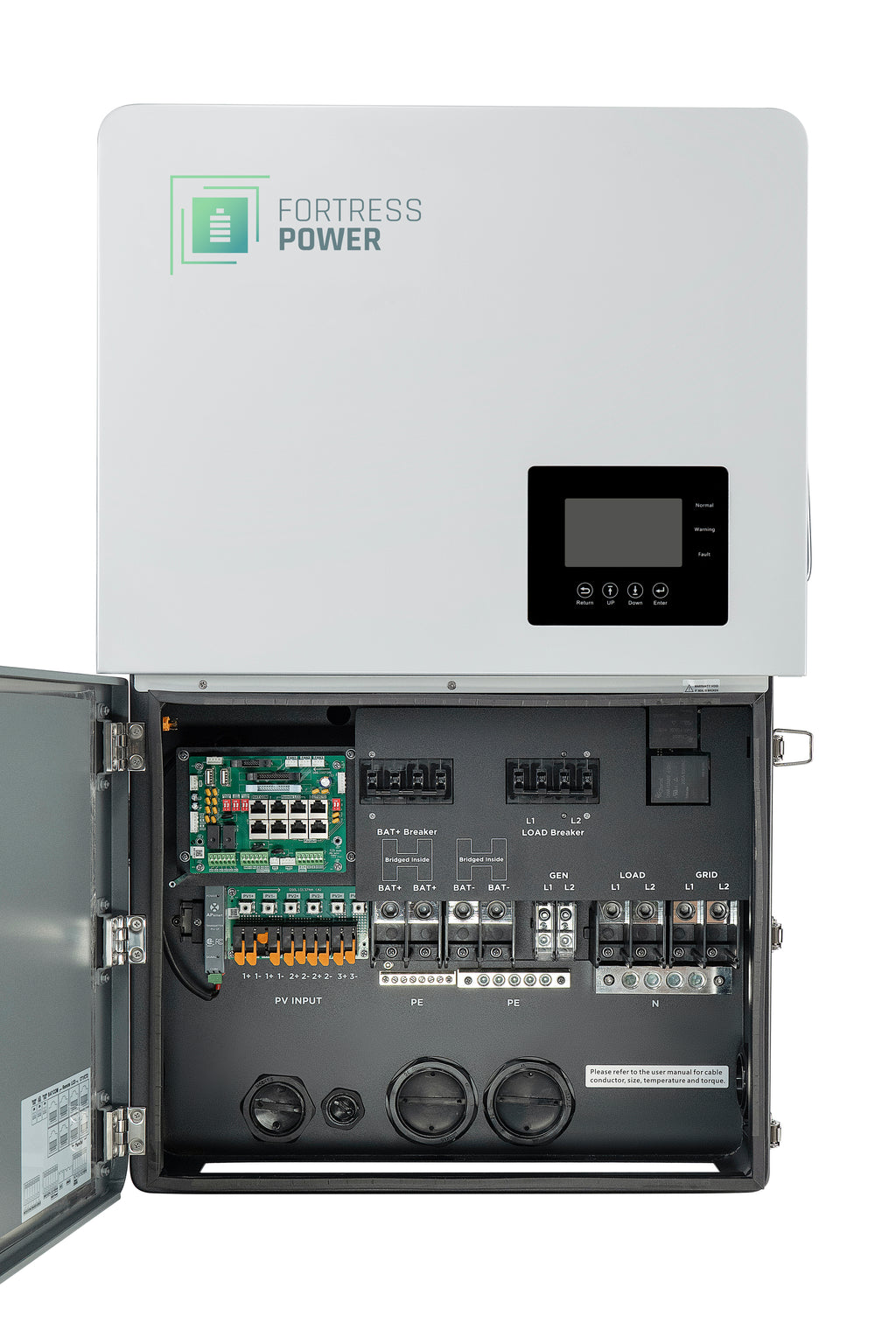 Fortress Power Envy Duo 21 hybrid solar inverter - front panel open