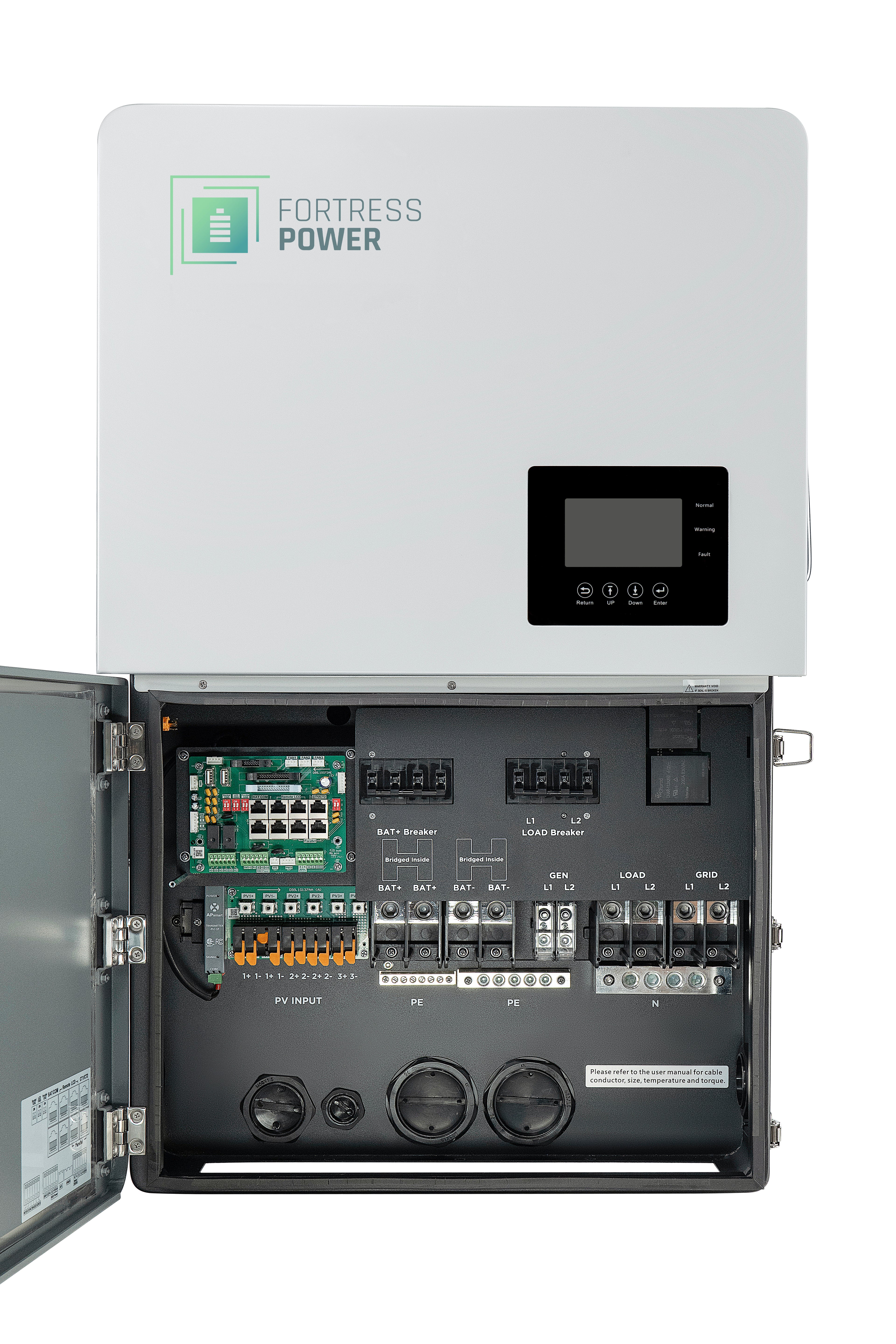 Fortress Power Envy Duo 21 hybrid solar inverter - front panel open
