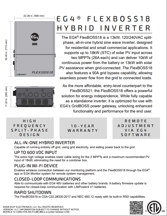 EG4 FlexBOSS18 13kW AC Hybrid Inverter (1589004)