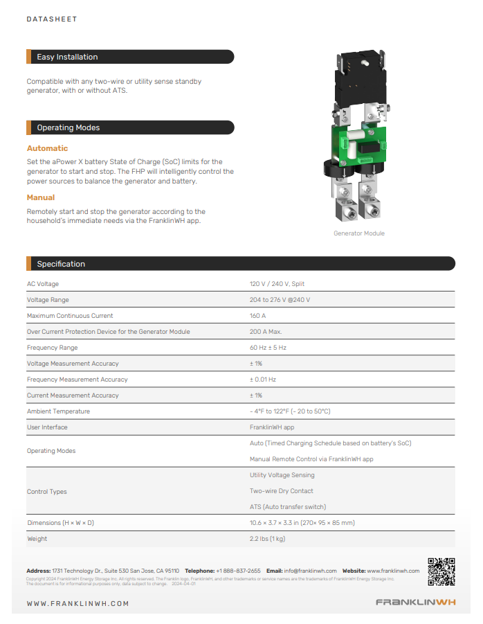 FranklinWH Generator Module 200 A, 120/240 VAC (ACCY-GENV2-US) spec sheet datasheet