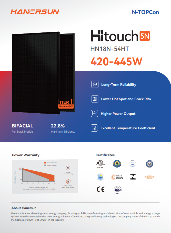 Hanersun 445W Residential Solar Panel (HN18N-54HT) - product photo