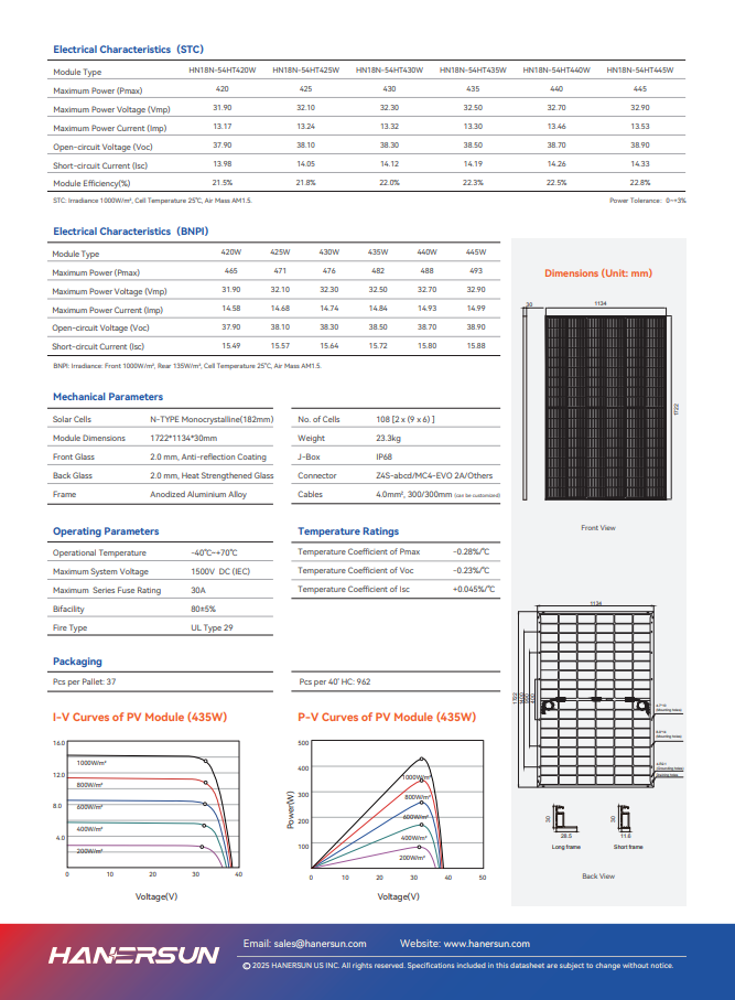 Hanersun 445W Residential Solar Panel (HN18N-54HT) - product detail