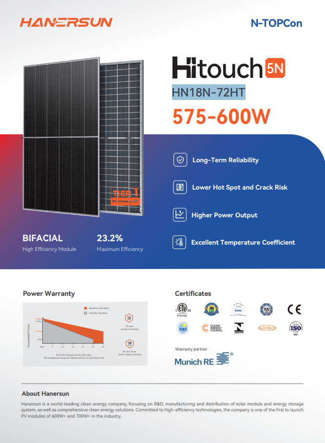Hanersun HN18N-72HT 590W solar panel datasheet page 1 - product overview and certifications
