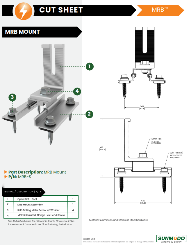 Sunmodo MRB Metal Roof Bracket spec sheet