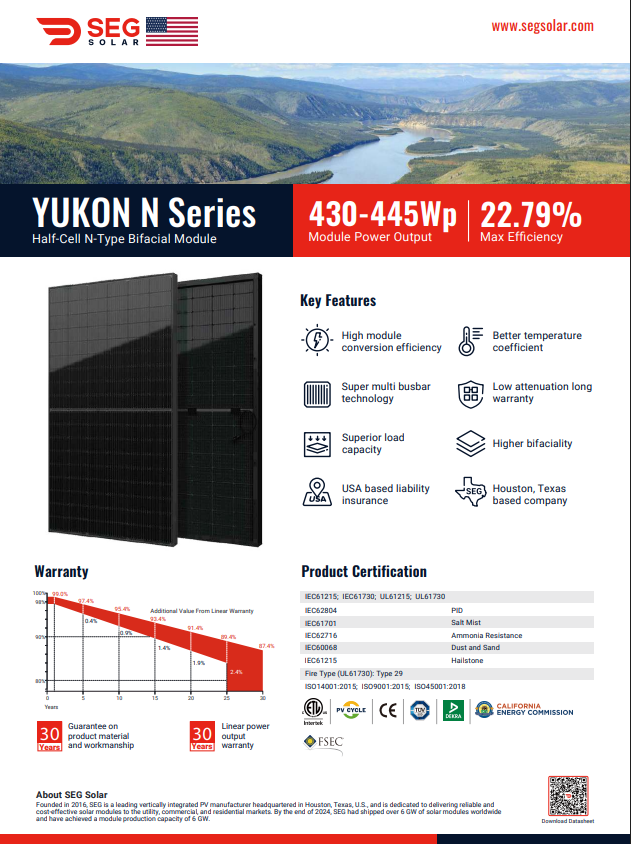 SEG Solar 440W Yukon N-Type Bifacial residential module Panel 