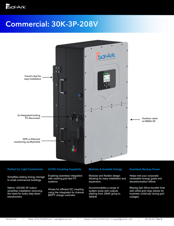 Sol-Ark 30K-3P-208V Commercial Hybrid Inverter spec sheet datasheet