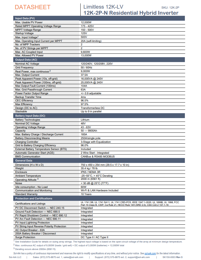 Sol-Ark Essentials 12K-2P Hybrid Inverter spec sheet datasheet
