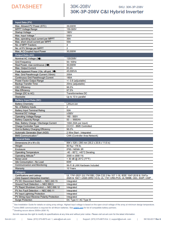 Sol-Ark 30K-3P-208V Commercial Hybrid Inverter datasheet spec sheet