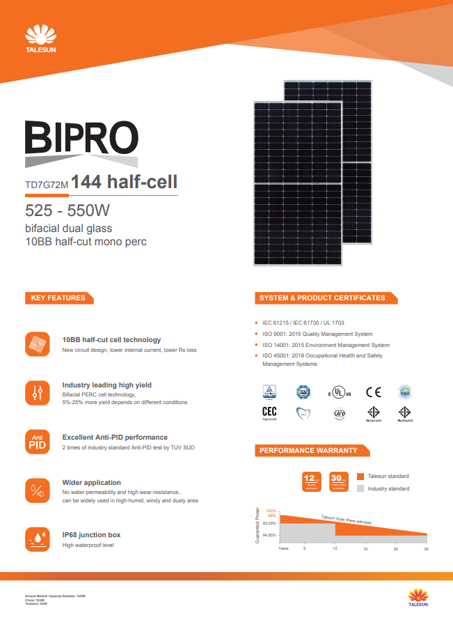 Talesun 540W Commercial Solar Panel module spec sheet

