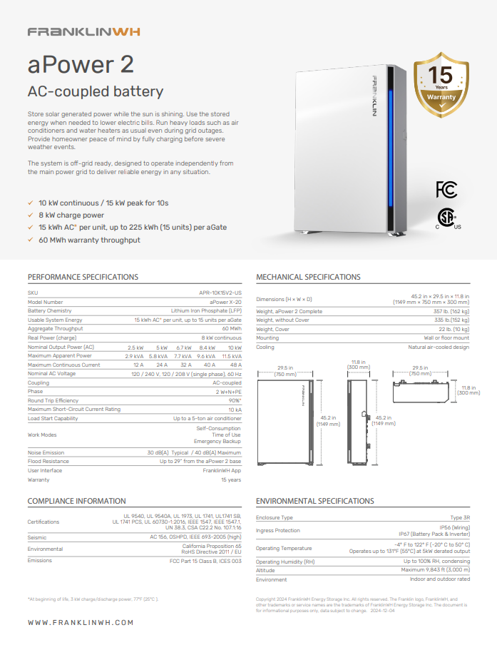 FranklinWH aPower 2 AC Battery System (APR-10K15V2-US) datasheet spec sheet