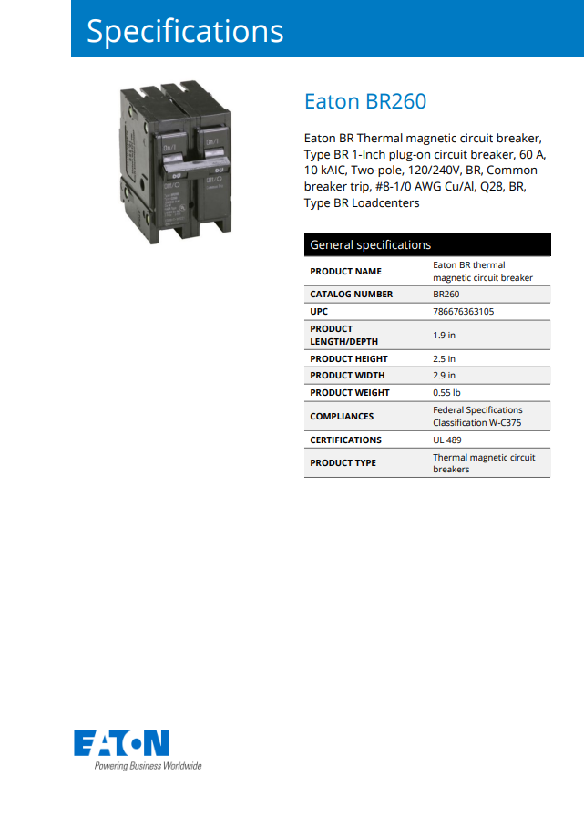 Eaton 2 Pole 60A Circuit Breaker