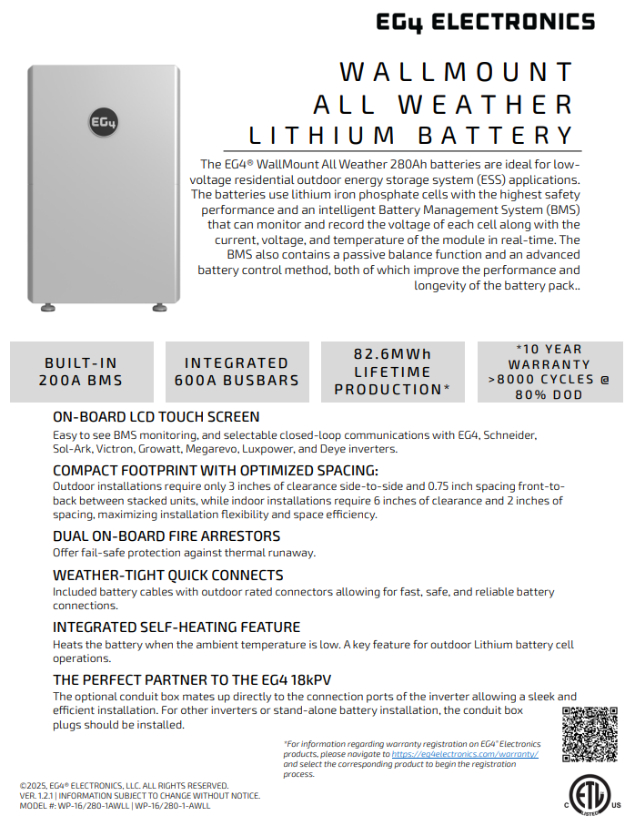 EG4 WallMount 280Ah All Weather Battery 14.3kWh (1511075)