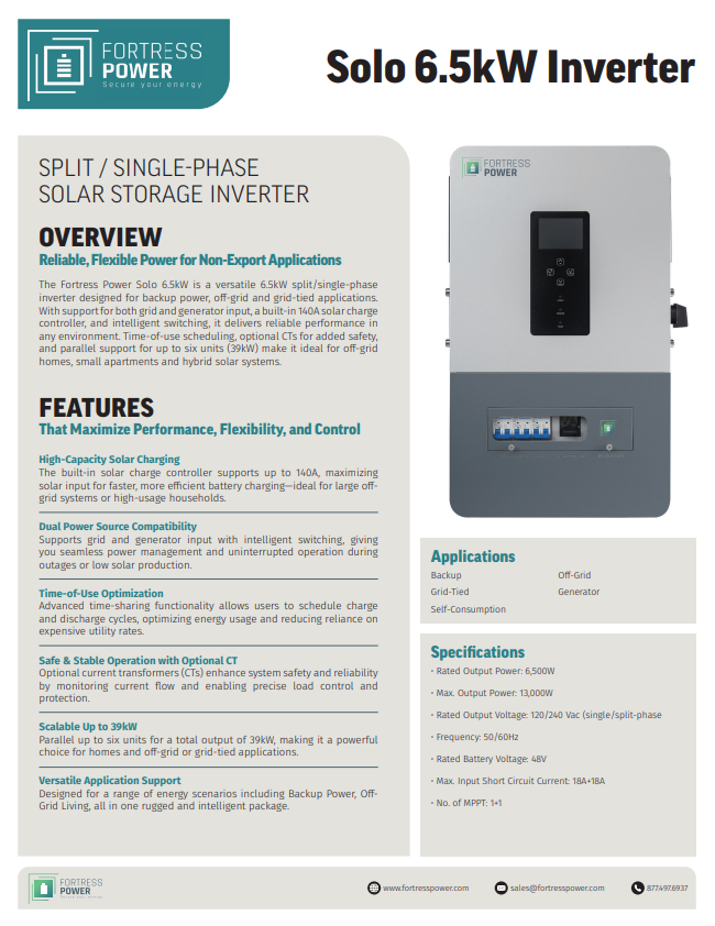 Fortress Power Envy True 12kW datasheet page 1 - electrical specifications