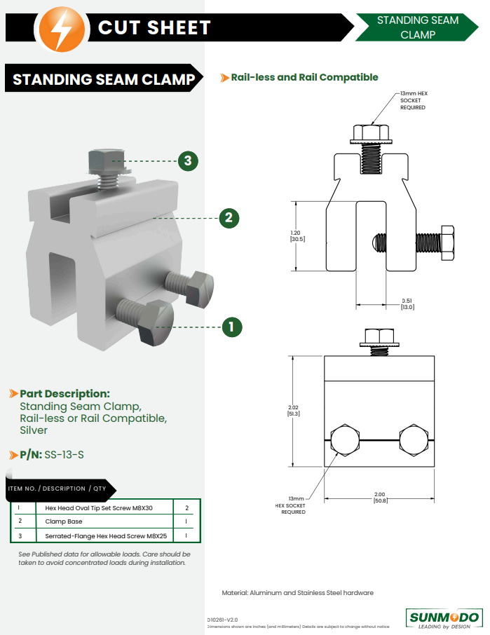 Sunmodo Standing Seam Clamp 13mm spec sheet