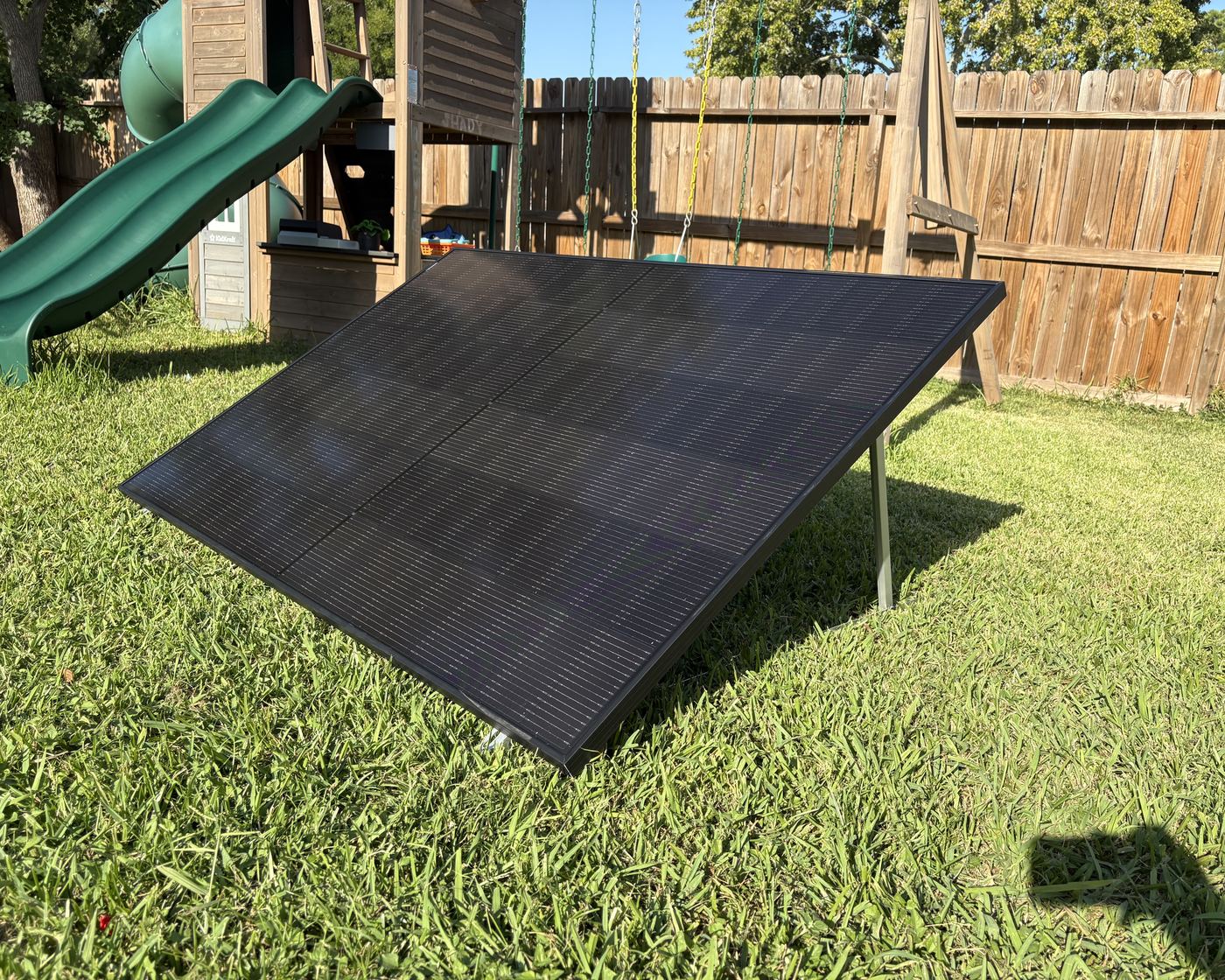 The backyard solar panel on the lawn