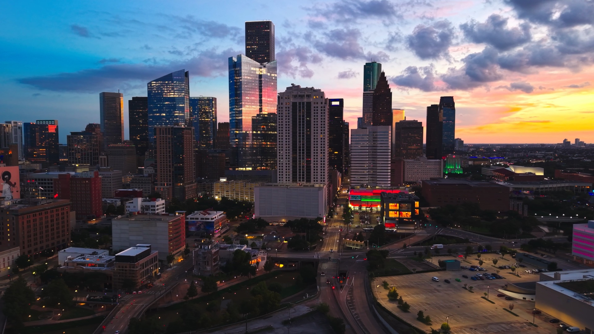 Aerial view of the city at golden hour
