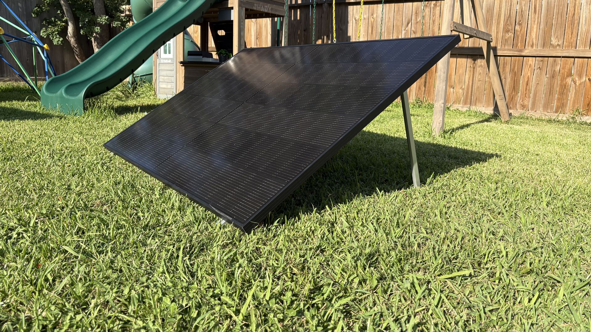 The Backyard Solar Kit angled toward the sun on a lawn