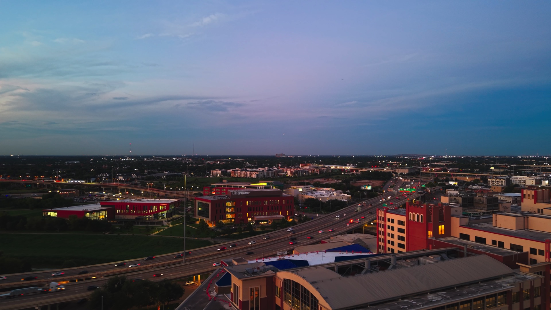 Aerial view of the city at dusk